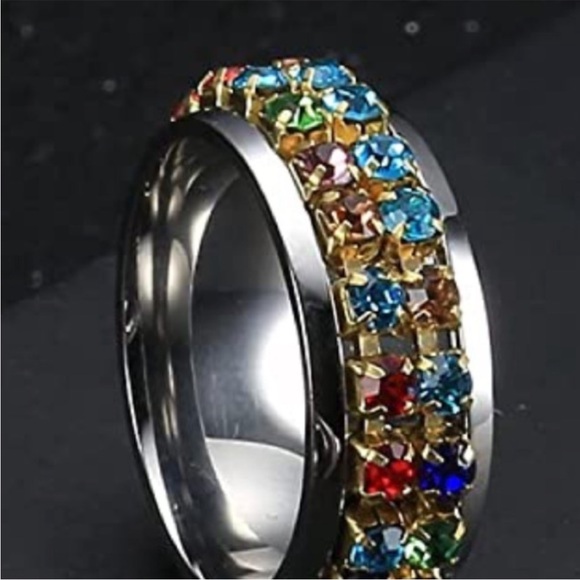 Fidget Spinner Stainless Steel Multicolor Jeweled Ring, Size 6 - Picture 6 of 9